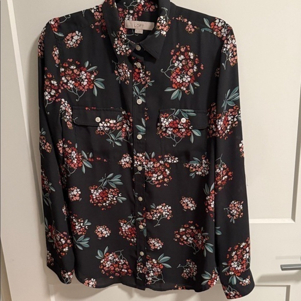 LOFT Black Floral Button-Front Blouse with Red and Pink Blooms